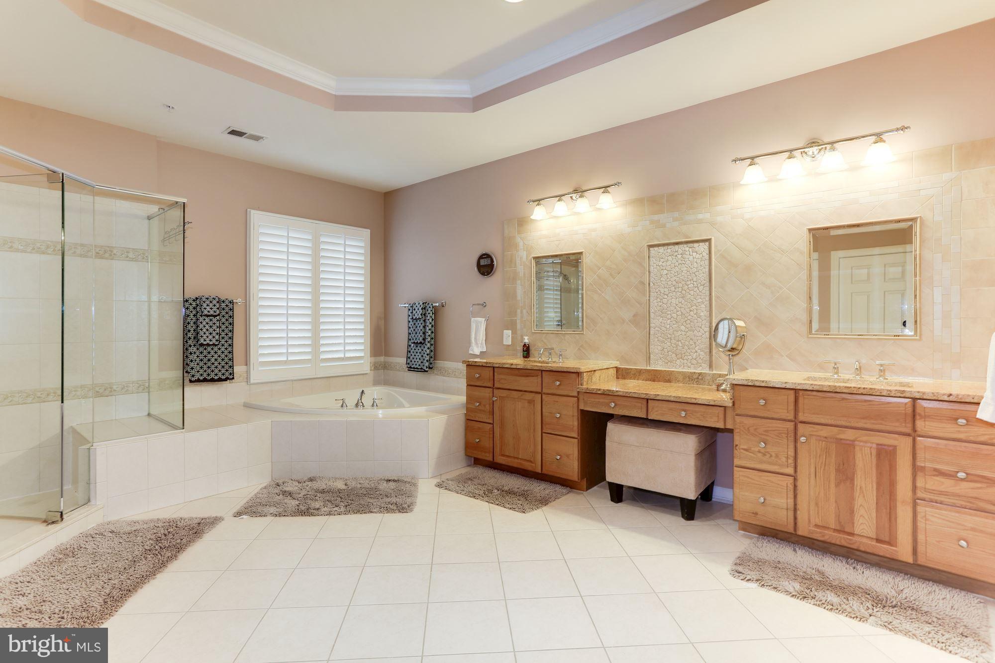 9204 Jones Mill Road Chevy Chase, MD 20815 - Photo 25 of 50 a large bathroom with a granite countertop tub a double vanity sink a window and a shower