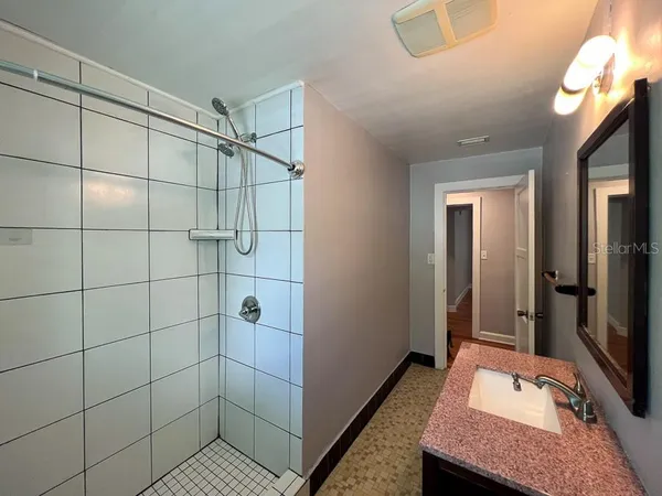 a bathroom with a sink and a shower
