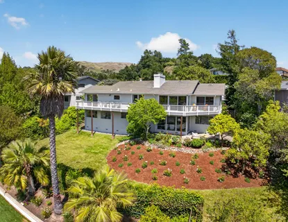 a aerial view of a house with a yard and plants