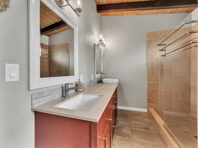 a bathroom with a sink a mirror and a shower