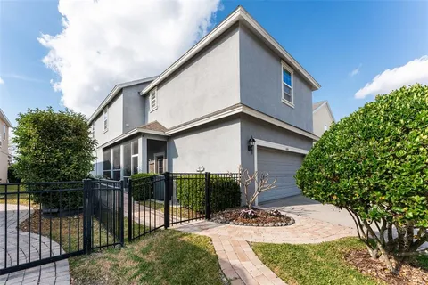an aerial view of a house with garden