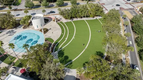 an aerial view of a swimming pool