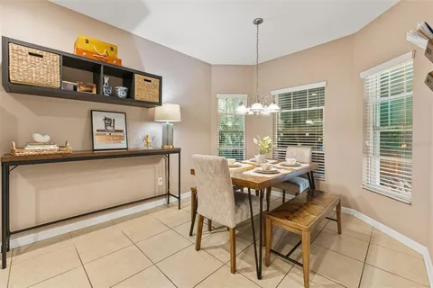 a view of a dining room with furniture window and outside view