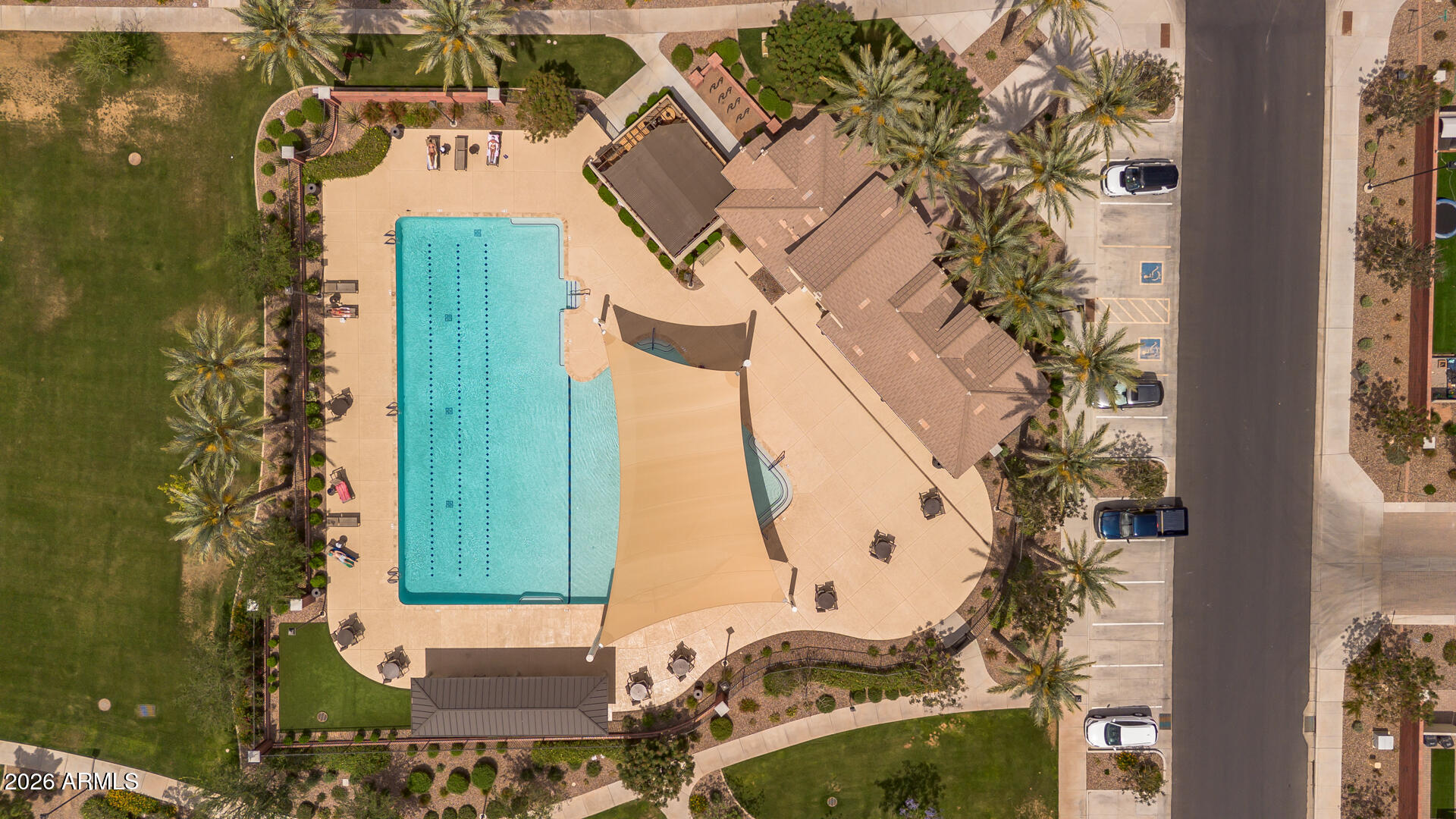 4245 East Jesse Street Gilbert, AZ 85295 - Photo 32 of 45 an aerial view of a house with a yard and fountain