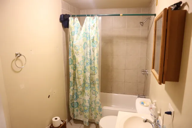 a bathroom with a shower curtain a sink and a toilet