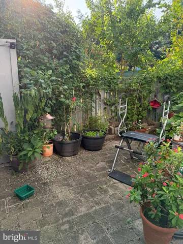 a view of a backyard with chair and potted plants