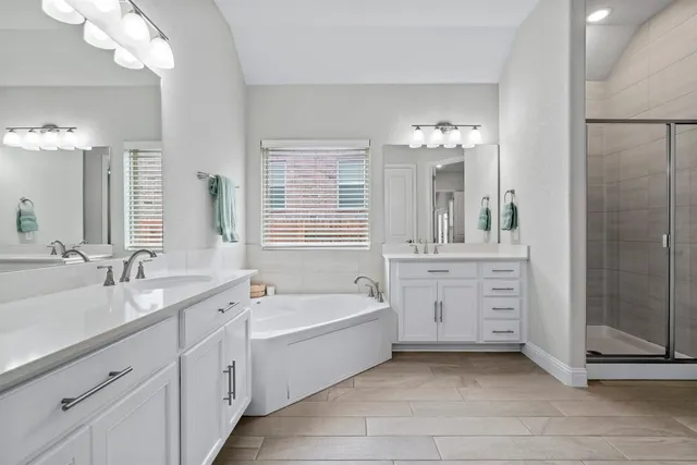a bathroom with a tub a sink double vanity and a mirror