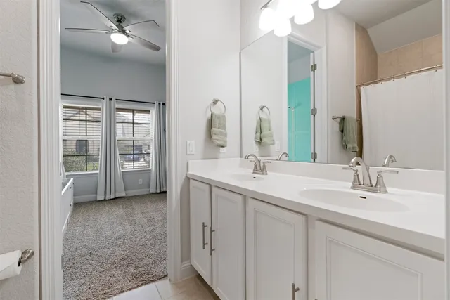 a bathroom with a double vanity sink a mirror and a shower