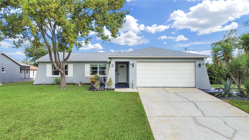 a view of a house with a yard and large tree
