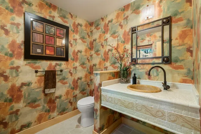 a bathroom with a sink a toilet and a shower curtain