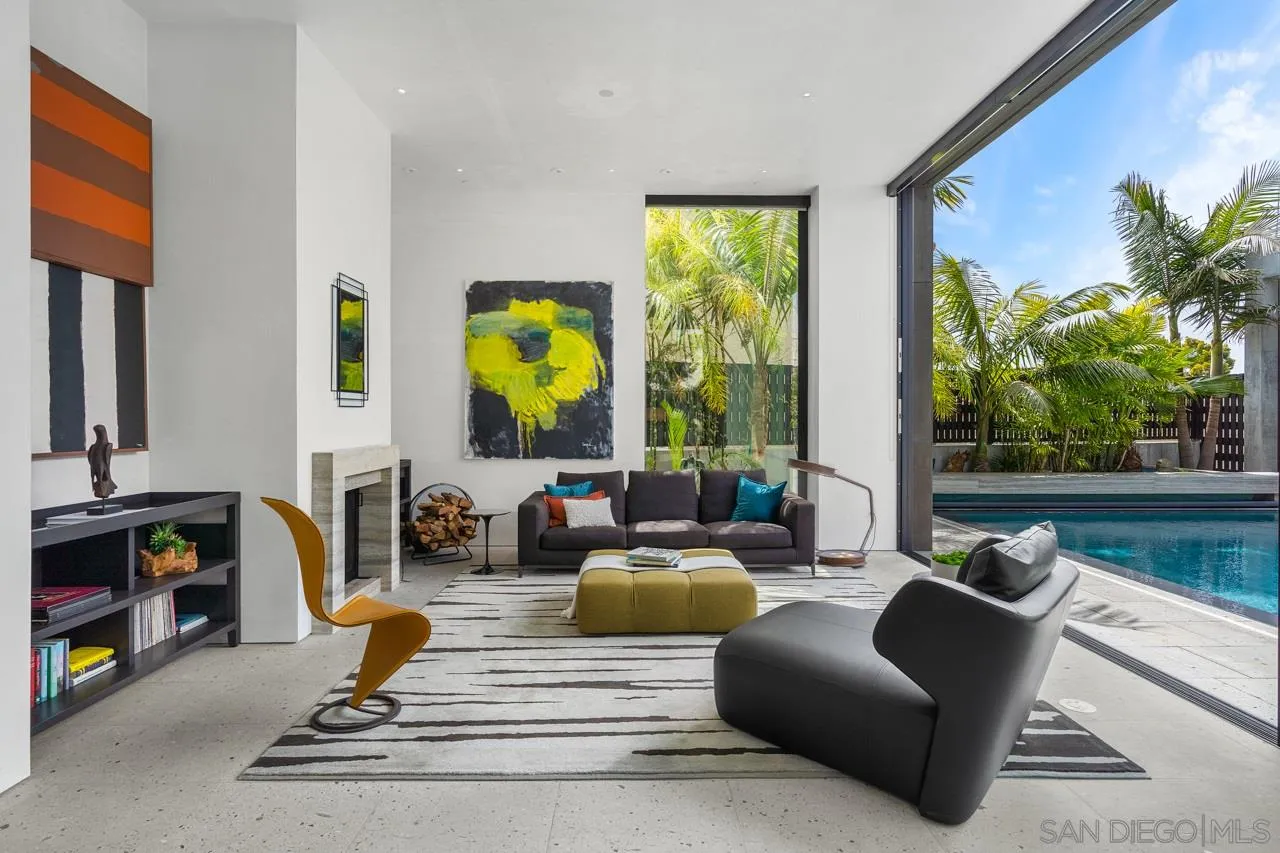 1228 Park Row La Jolla, CA 92037 - Photo 11 of 35 a living room with fireplace furniture and a large window