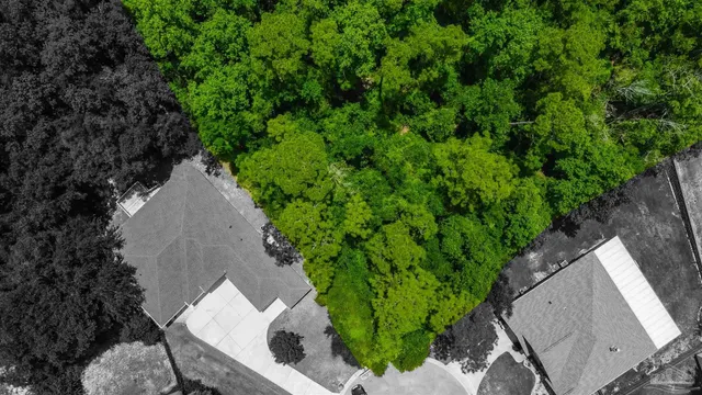 an aerial view of a house with a yard and street view