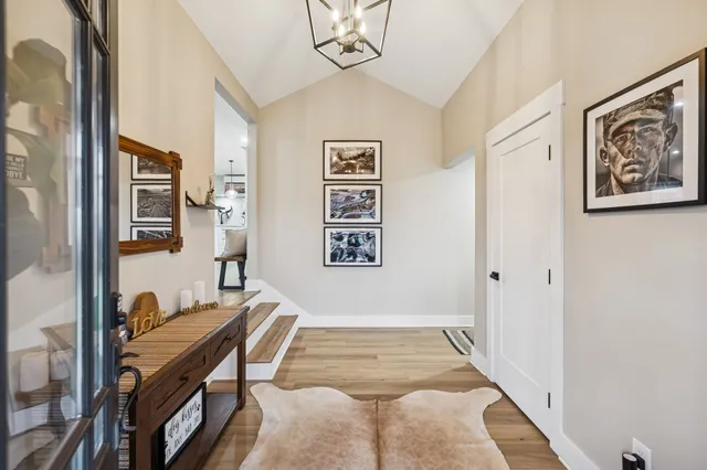 a view of fireplace with a wooden floor