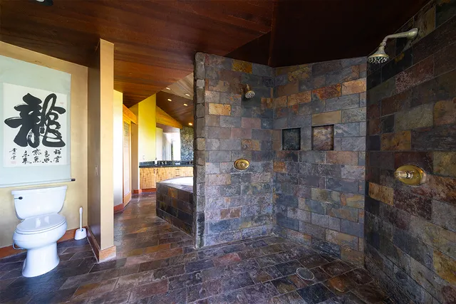 a bathroom with a toilet and a shower