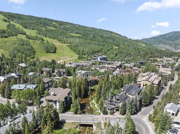 an aerial view of residential houses with outdoor space and trees