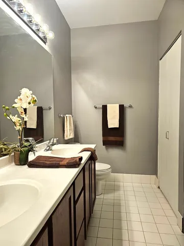 a bathroom with a sink a toilet and mirror