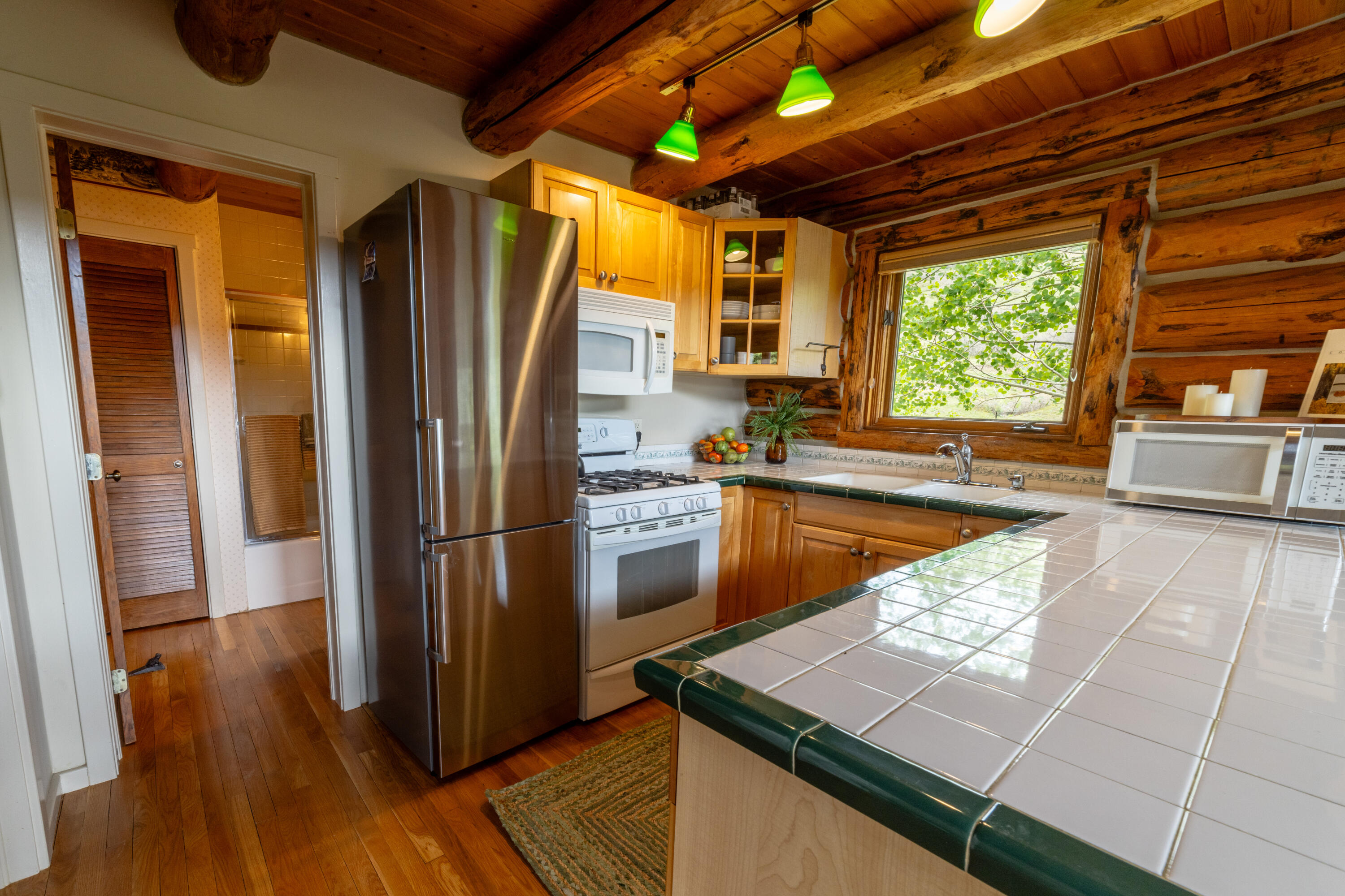 2001 County Road Placerville, CO 81430 - Photo 8 of 37 a kitchen with stainless steel appliances granite countertop a refrigerator a sink a stove and island with wooden floor