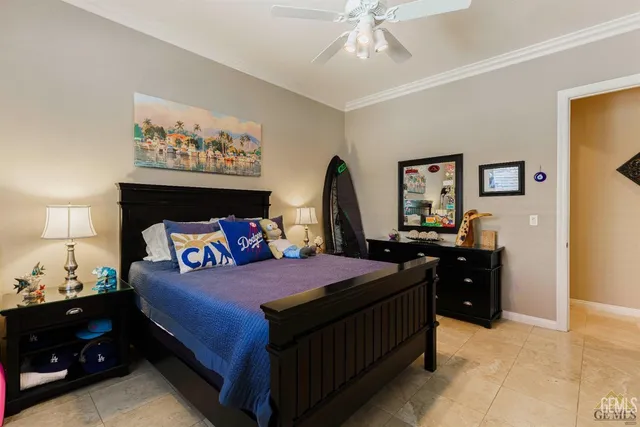 a bedroom with a bed and a table