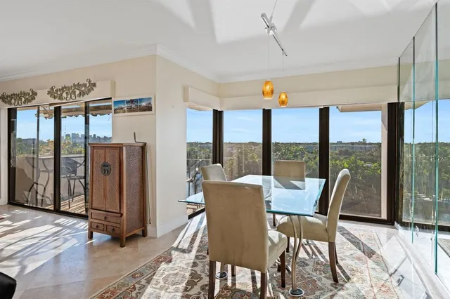 a view of a dining room with furniture window and outside view