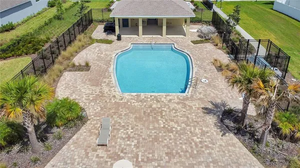 an aerial view of a backyard