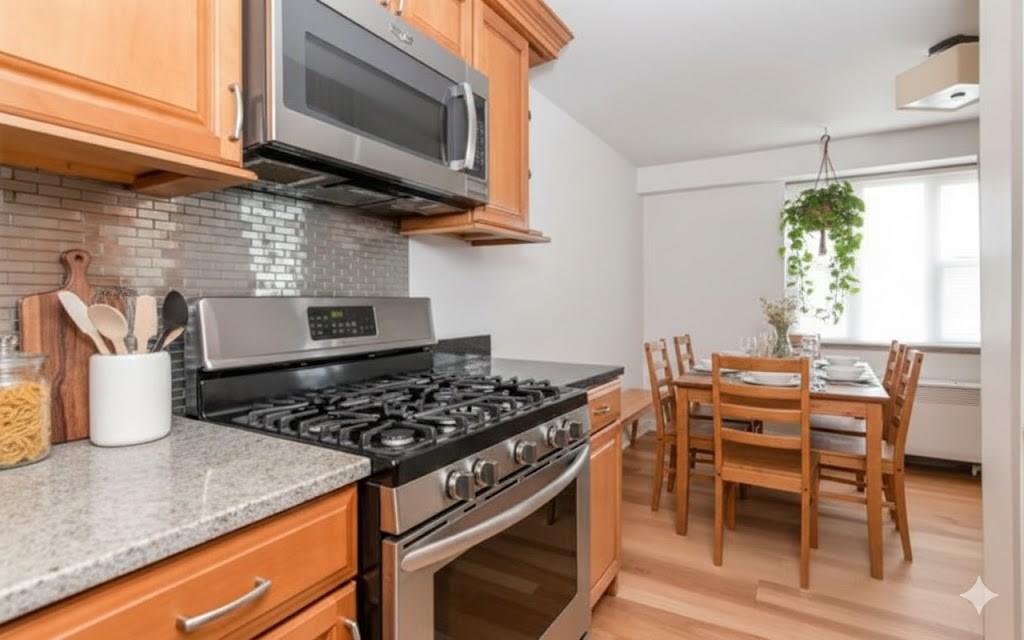 4601 Fifth Avenue, Unit 322 Pittsburgh, PA 15213 - Photo 18 of 27 a kitchen with stainless steel appliances granite countertop a stove a sink and a microwave