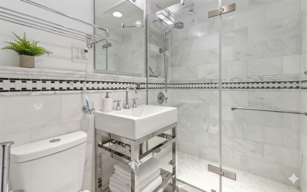 4601 Fifth Avenue, Unit 322 Pittsburgh, PA 15213 - Photo 20 of 27 a bathroom with a sink a toilet and shower