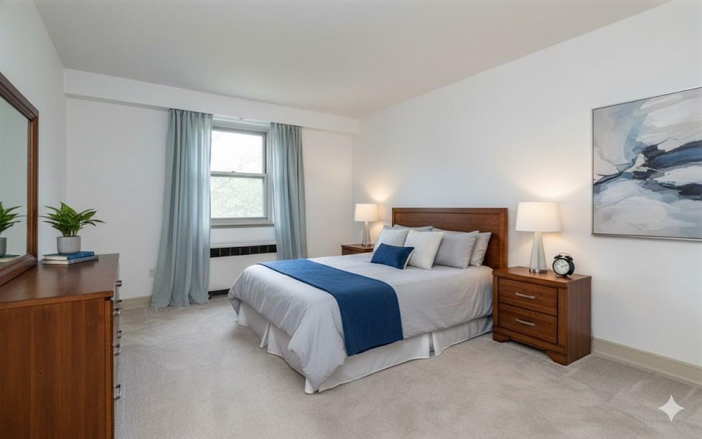 4601 Fifth Avenue, Unit 322 Pittsburgh, PA 15213 - Photo 24 of 27 a spacious bedroom with a bed and a potted plant