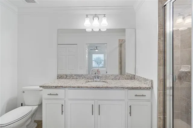 a bathroom with a granite countertop sink a toilet and a large mirror