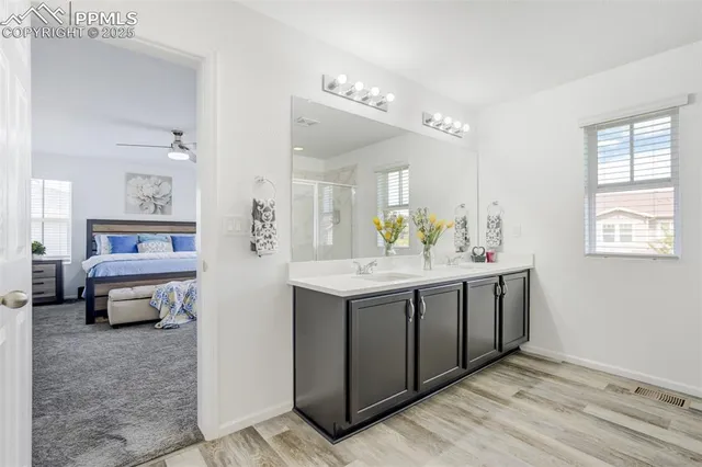 a bathroom with a sink a vanity and a mirror