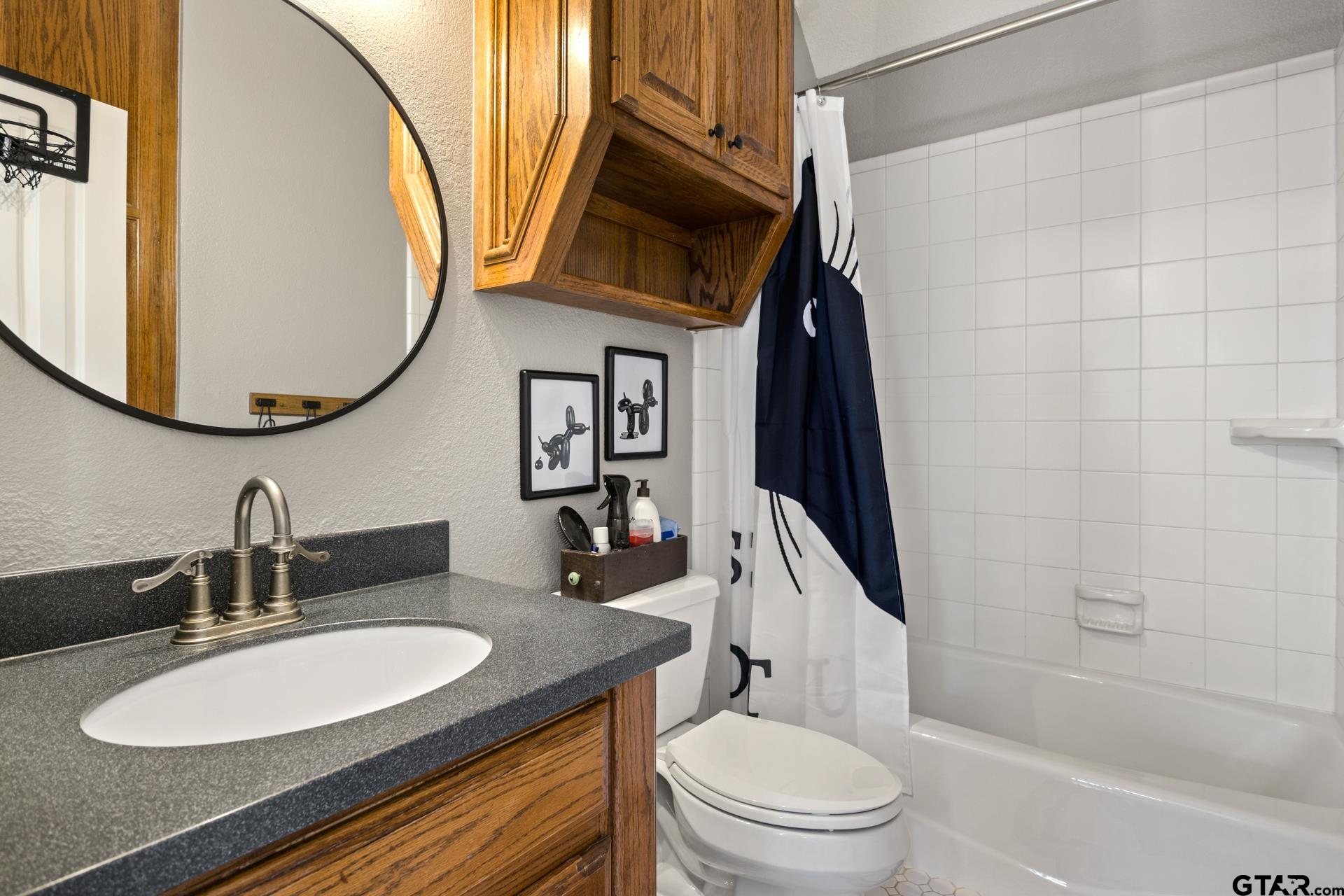 134 Private Road New Boston, TX 75570 - Photo 30 of 40 a bathroom with a sink a toilet and a mirror