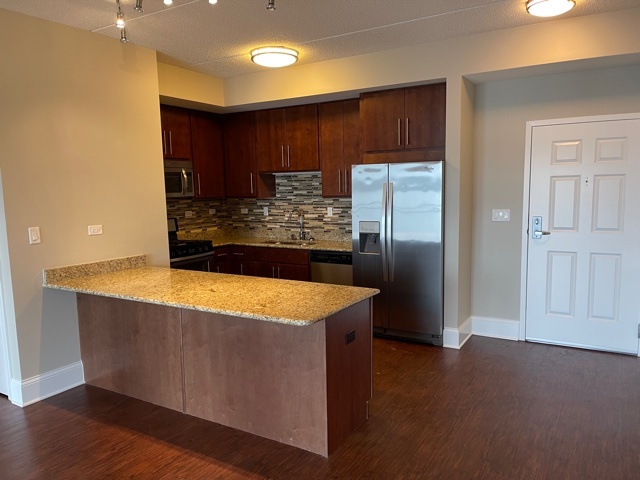 728 North Diamond Lake Road, Unit 205 Mundelein, IL 60060 - Photo 7 of 19 a kitchen with stainless steel appliances granite countertop a refrigerator a sink and wooden cabinets