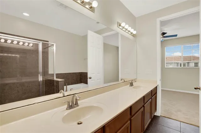 a bathroom with a double vanity sink a large mirror and shower