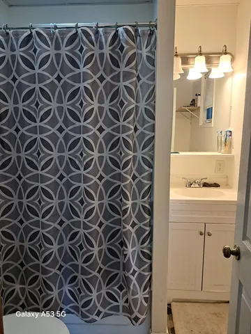 a white toilet sitting next to a shower curtain