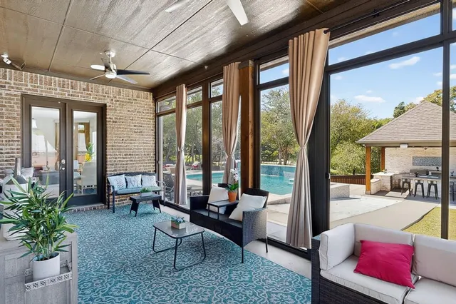 a building outdoor space with patio furniture