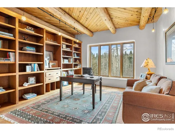 a living room with furniture and a book shelf
