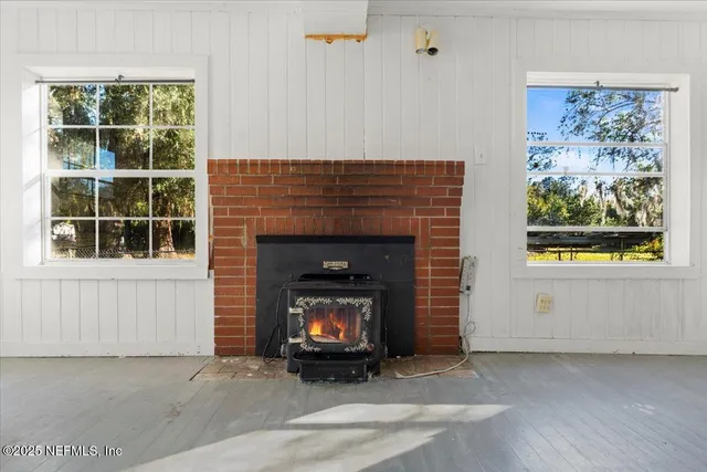 a living room with a fireplace