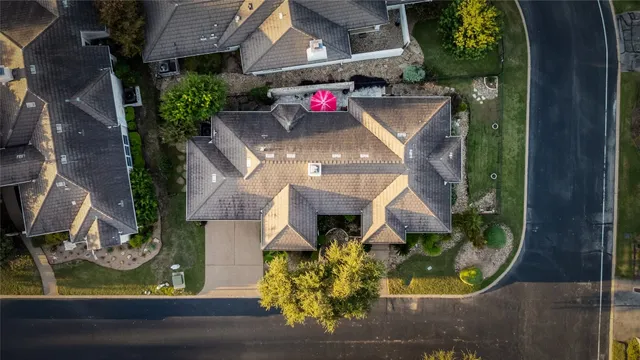 an aerial view of a highlighted house
