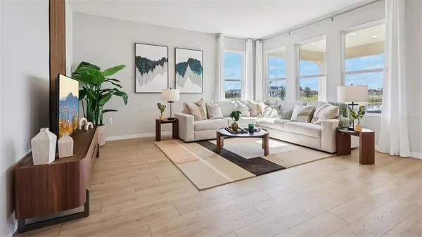 a living room with furniture and a potted plant