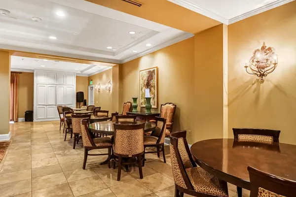 a view of a dining room with furniture