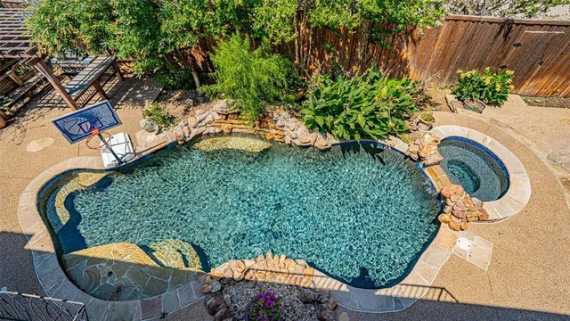 a view of a backyard with plants and outdoor seating