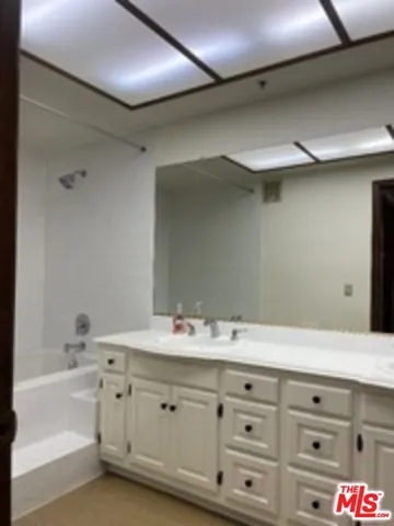 a bathroom with a tub sink vanity and a mirror