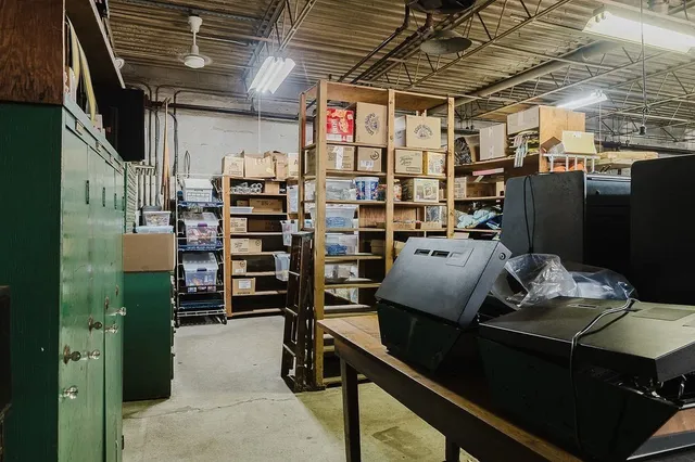 a view of a storage room with shelves