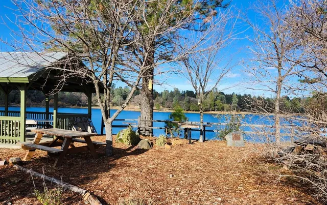 a view of a lake with a yard