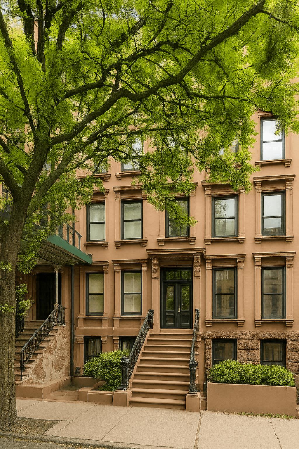 a front view of a residential apartment building with a yard