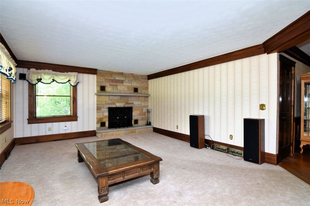 7251 Ryan Road Medina, OH 44256 - Photo 7 of 47 Living area featuring a stone-faced fireplace with hearth, wood-trim windows, and vertical paneling