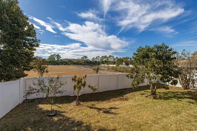 a view of a bench in the river next to a yard with large trees