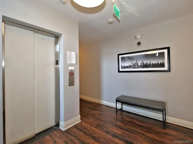 a view of a hallway with wooden floor and furniture