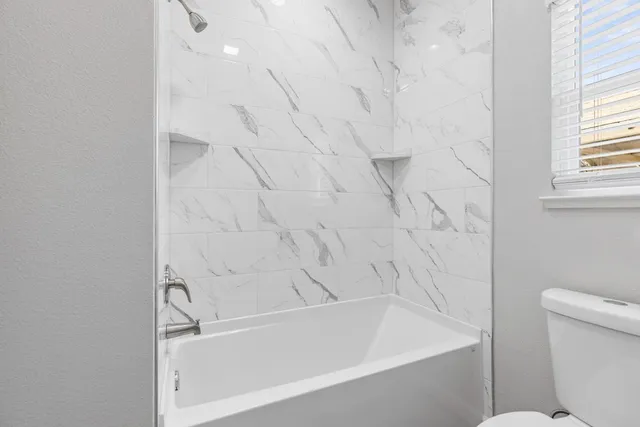 a bathroom with a bathtub and a toilet