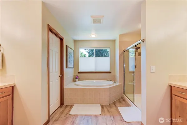 a bathroom with a tub shower and sink