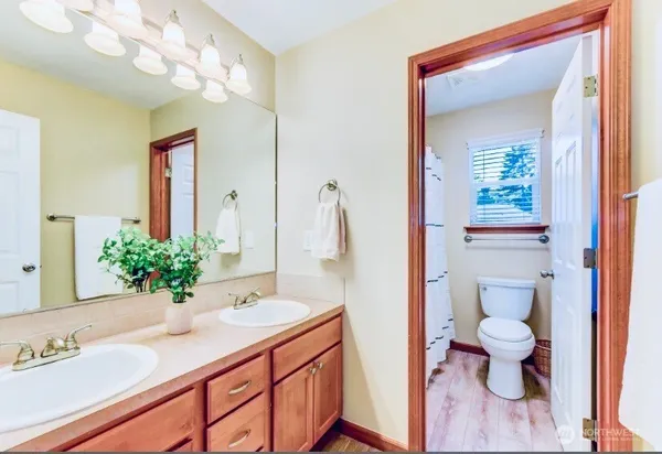 a bathroom with a sink a toilet and mirror